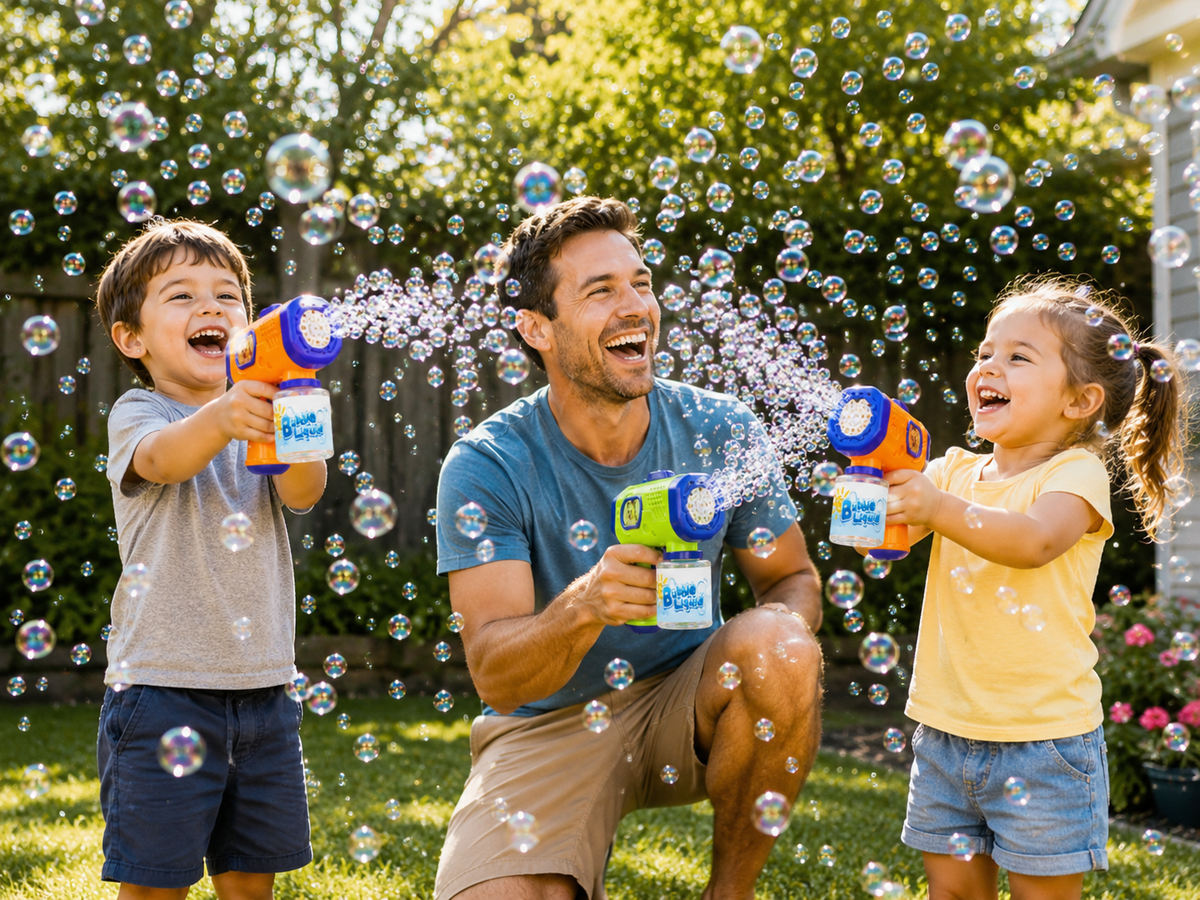 Illustrative family bubble play outdoors with automatic bubble guns