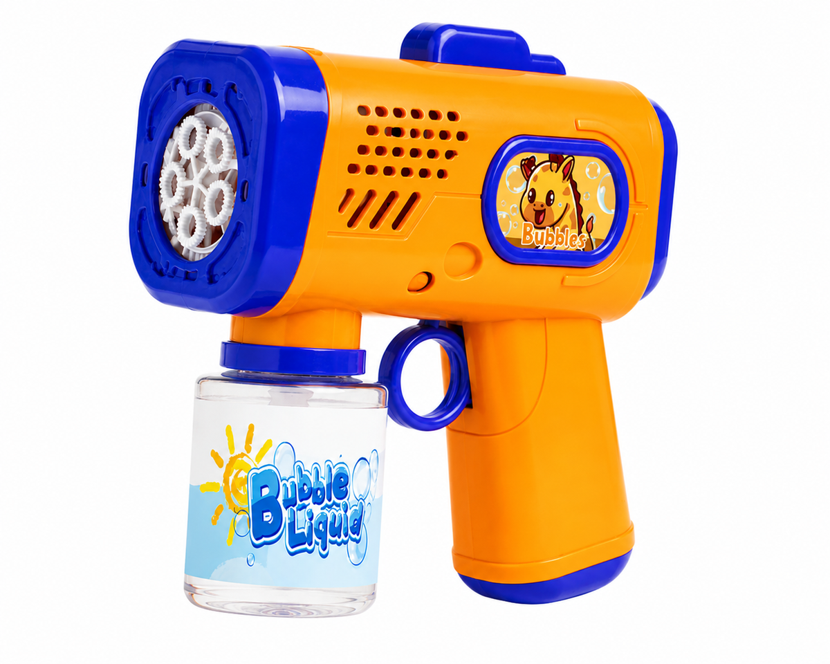 Orange automatic bubble gun with attached solution bottle