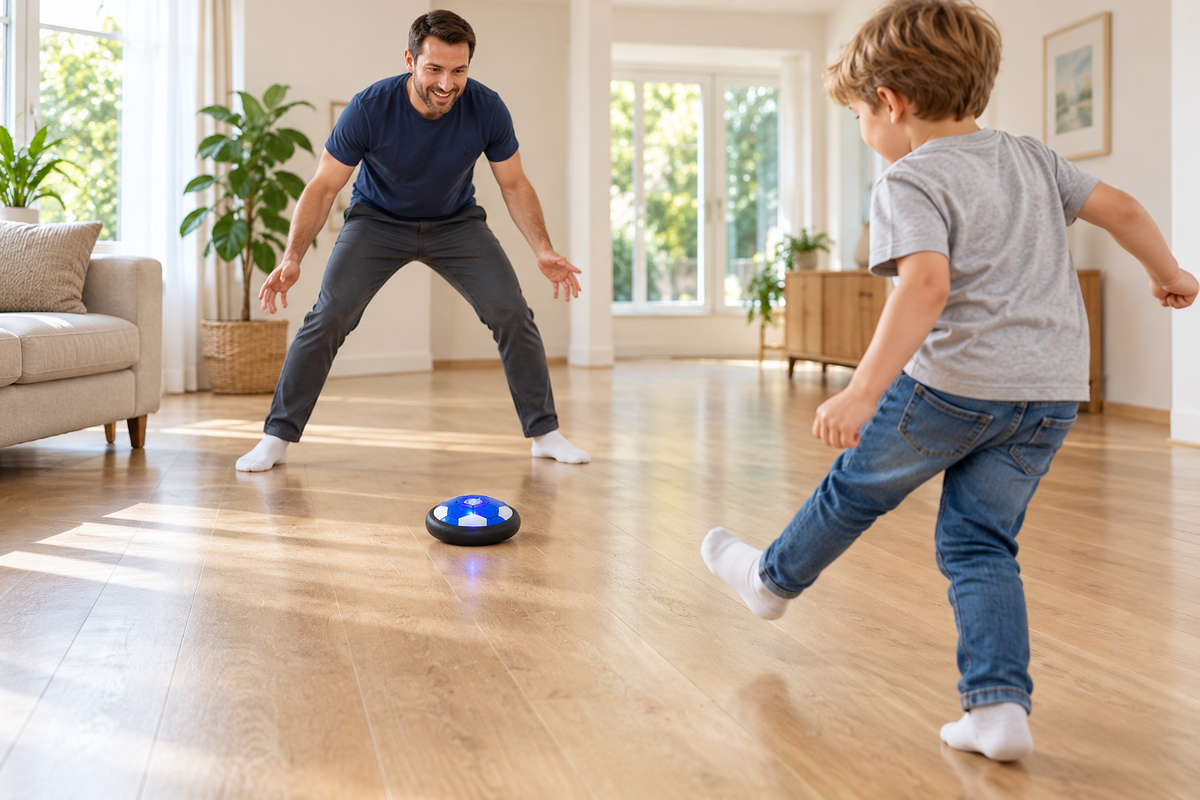 Child shooting the hover ball toward Dad standing with feet apart