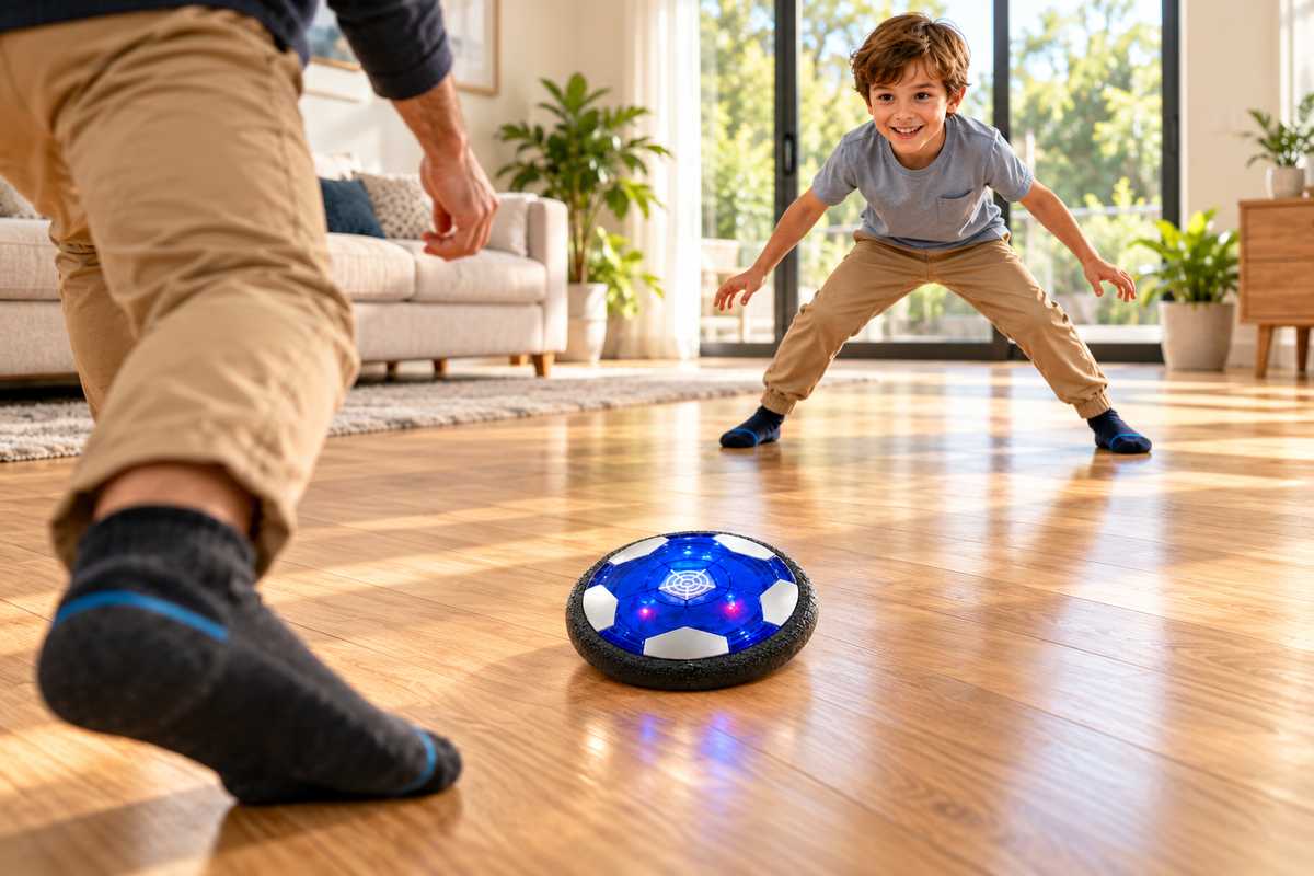 Gameplay illustration: Dad shooting toward the gap between his child’s feet