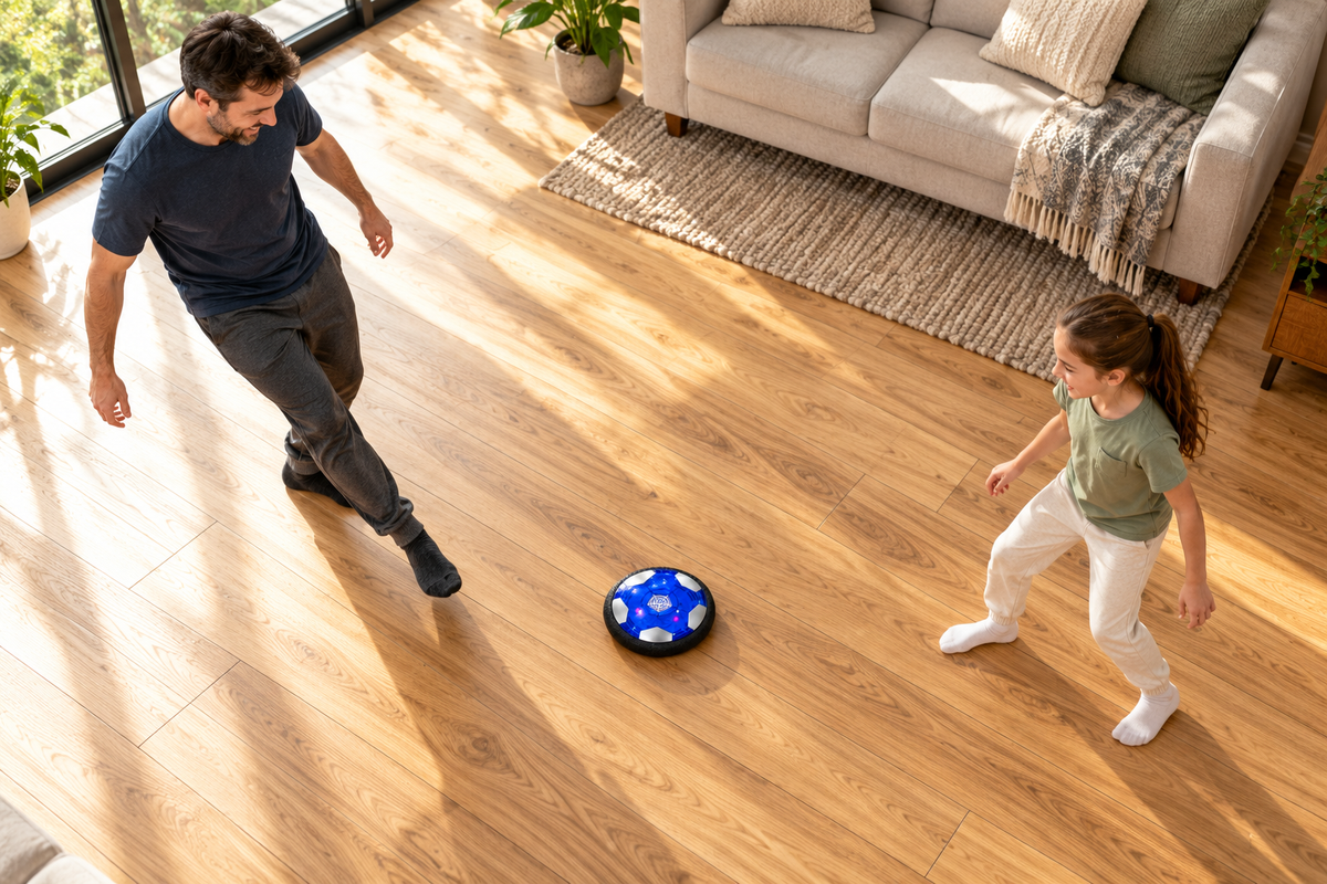 Overhead gameplay illustration: Dad and child trading gentle passes