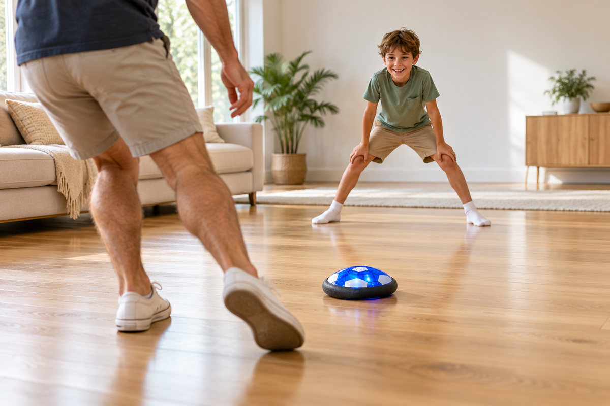 Dad gently shooting the hover ball toward the gap between his child’s feet