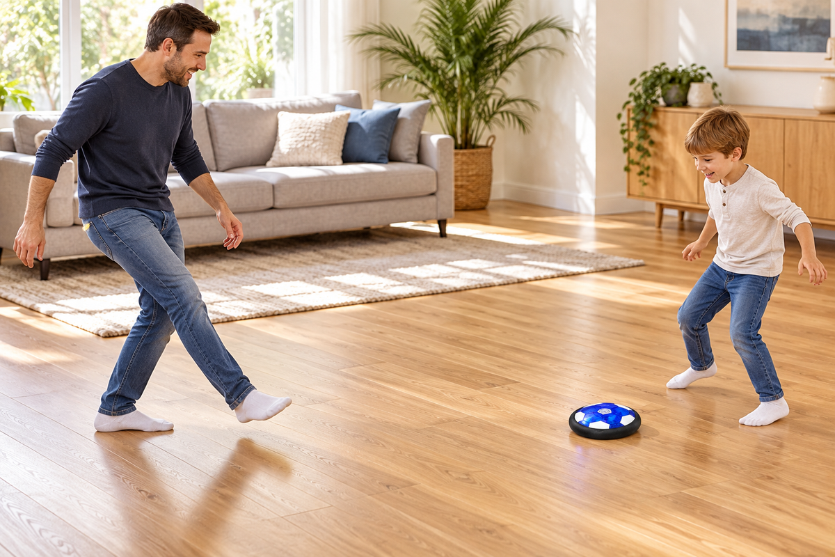 Side view of a dad and child passing the hover soccer ball