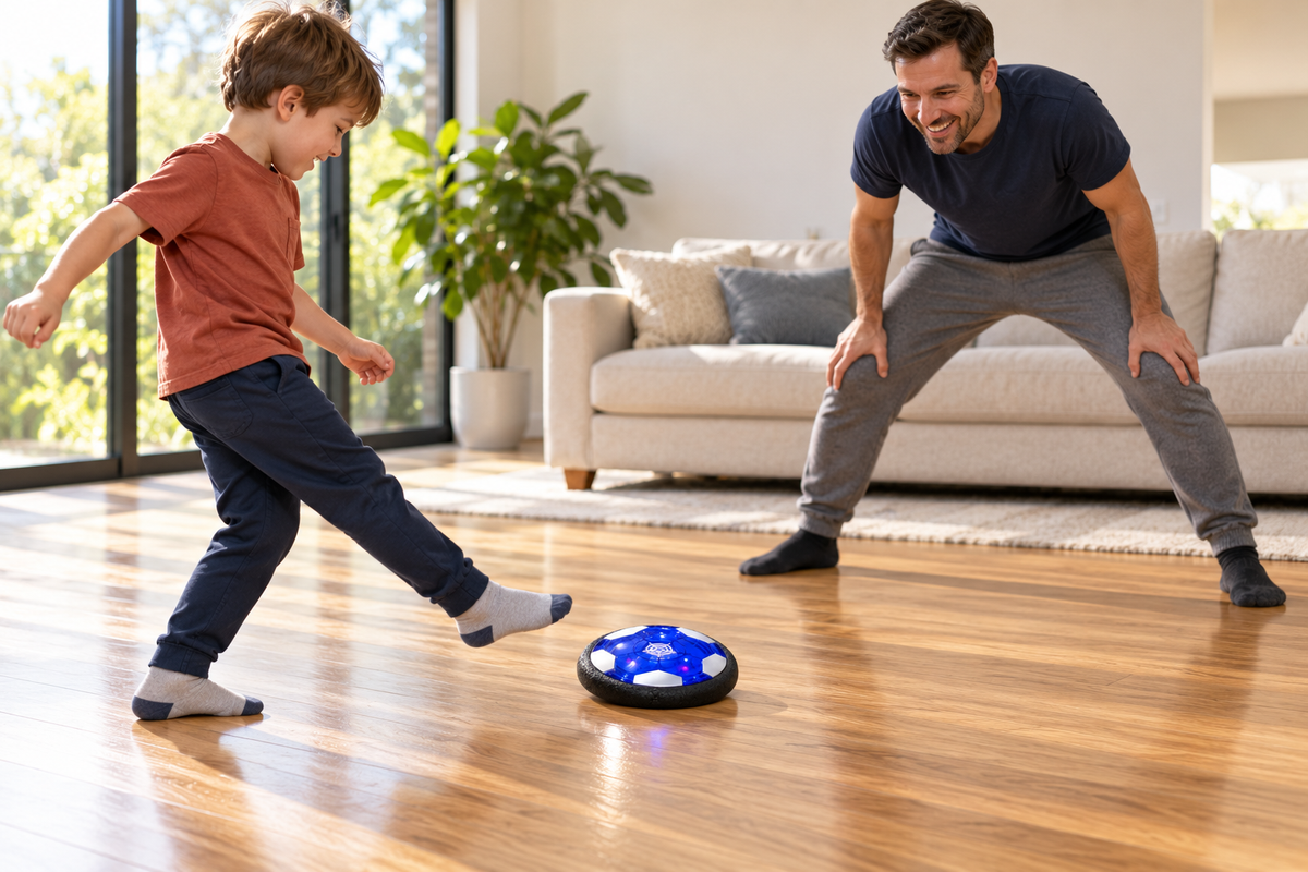 Gameplay illustration: child taking a shot while Dad defends with feet apart
